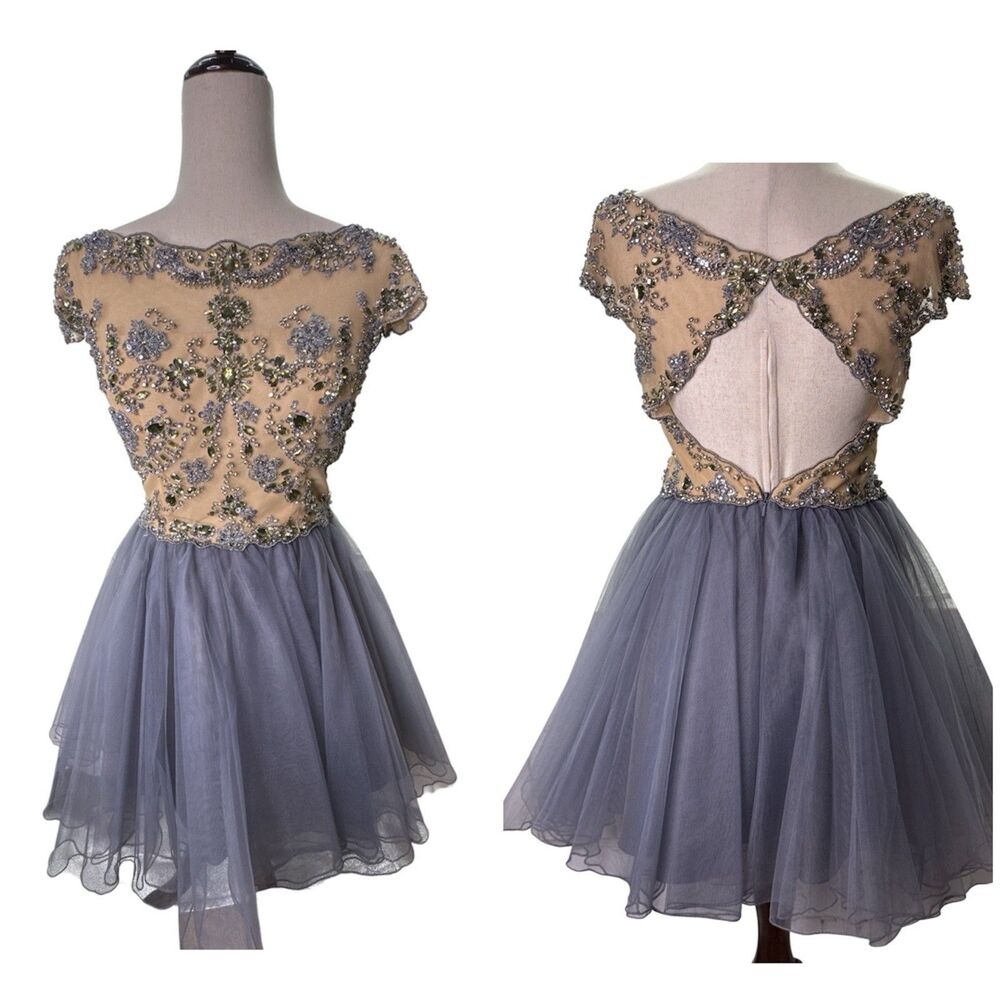 Sherri Hill Beaded Jeweled Off-Shoulder Cap Sleeve Lace Appliqué Mini Dress Sz 4
